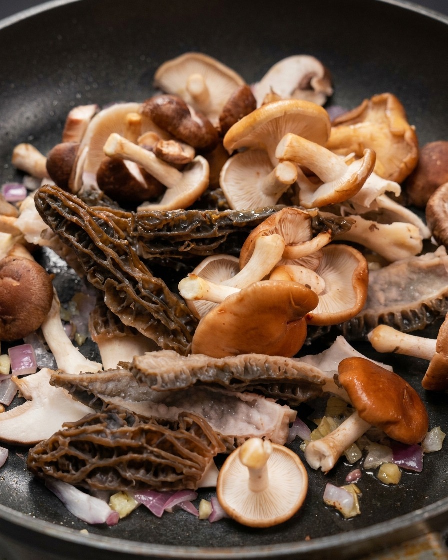 Verschiedene Pilze, darunter Morcheln und Shiitake, werden mit roten Zwiebeln in einer Bratpfanne geschwenkt.