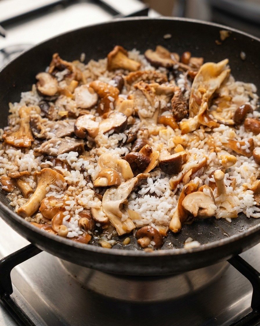 Ein Pfannenwender mischt weißen Reis, braune Pilze und dunkle Gewürze in einer Pfanne auf dem Herd zusammen.