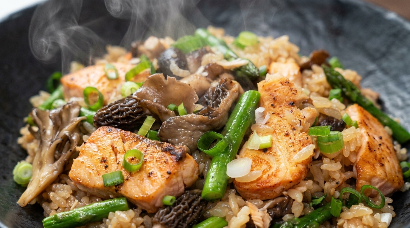 Herzhafter One-Pot-Reis mit Lachs und Wildpilzen