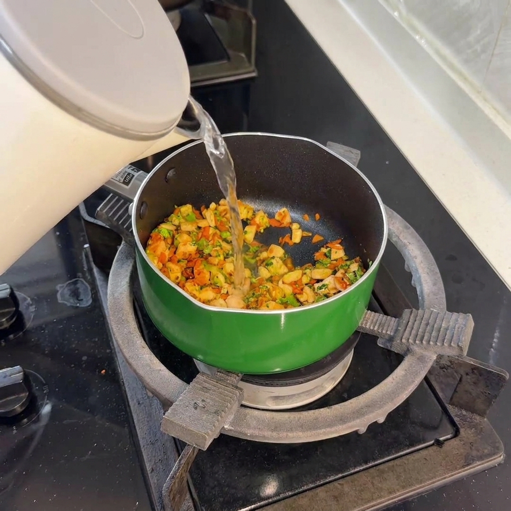 Ein dünner Strahl klares Wasser wird aus einem weißen Wasserkessel in die Pfanne zu Lachs und Gemüse gegossen.