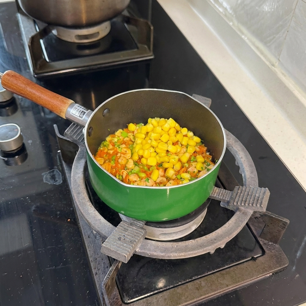 Ein Haufen hellgelber Maiskörner liegt auf der Lachs-Karotten-Brokkoli-Mischung in der grünen Pfanne.