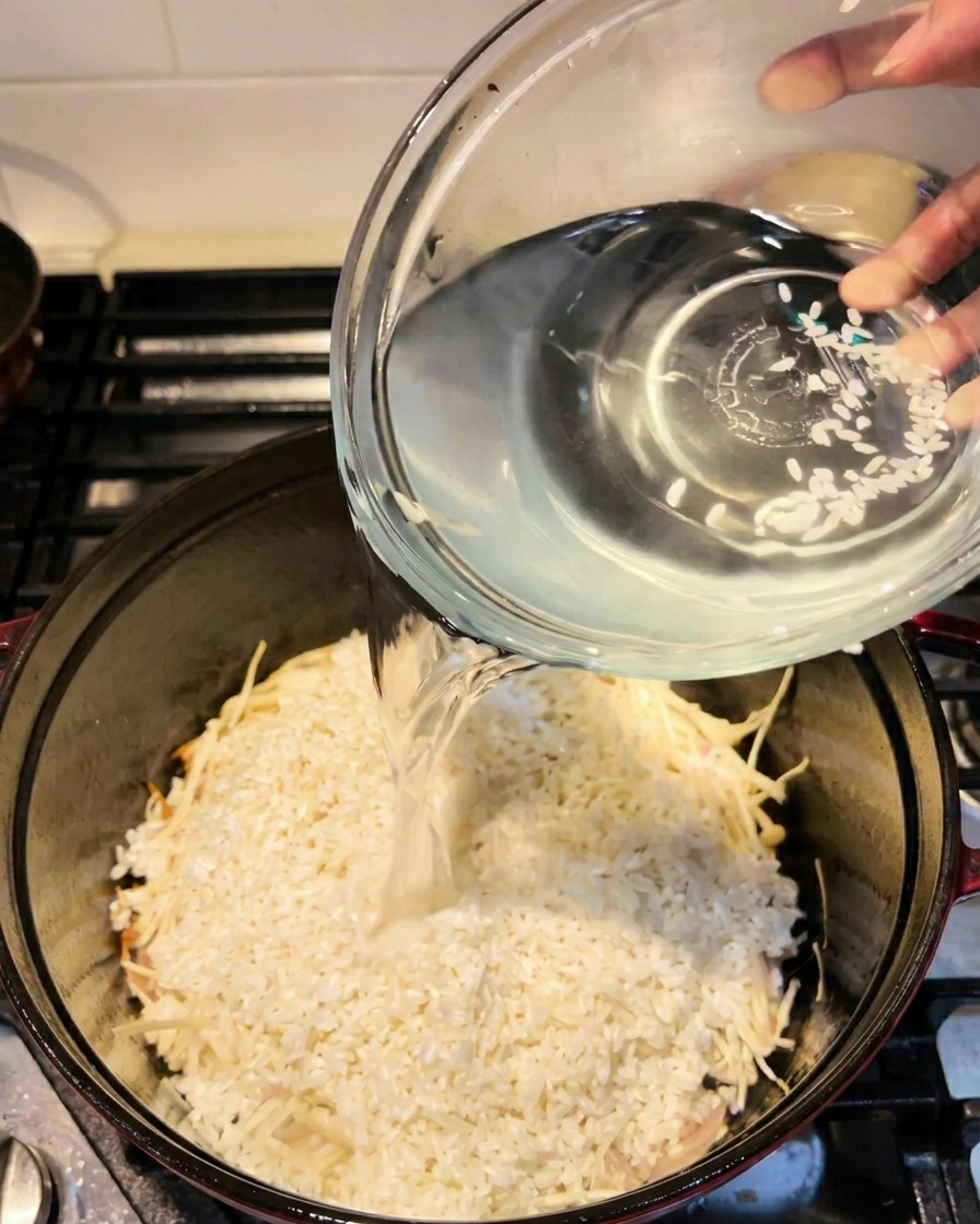 Wasser wird aus einer Glasschale in einen Topf mit Reis und Enoki-Pilzen gegossen.