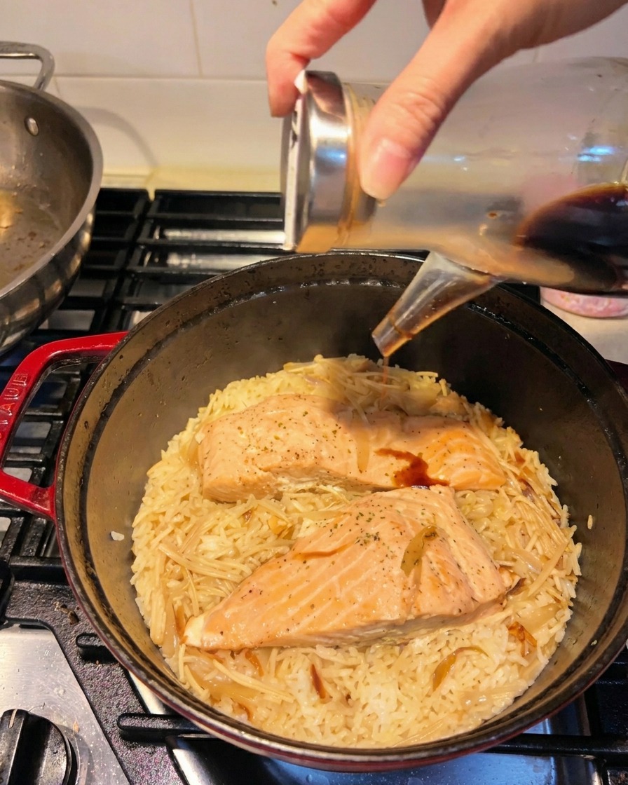 Sojasauce wird aus einer Glasflasche über den fertigen Reis und den gedämpften Lachs gegossen.