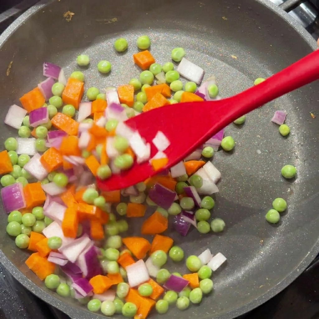 Eine bunte Mischung aus gewürfelten roten Zwiebeln, Karotten und Erbsen wird mit einem roten Pfannenwender in einer Pfanne gerührt.