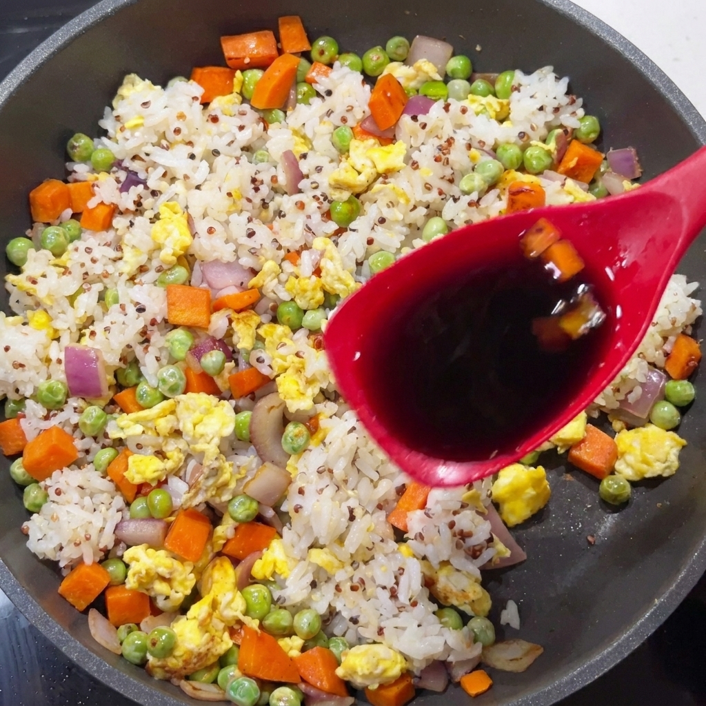 Ein roter Löffel gießt Sojasauce über eine bunte Mischung aus Reis, Quinoa, Erbsen und Karotten.