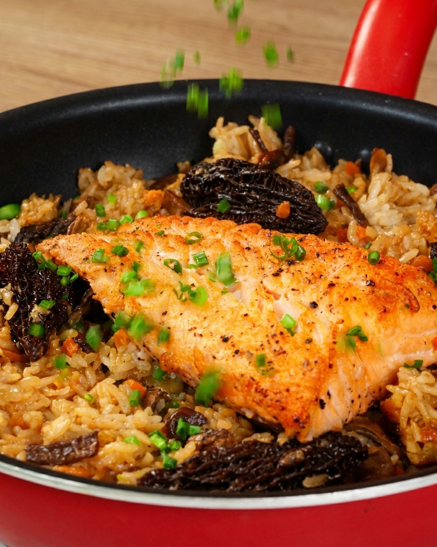 Frisch gehackte Frühlingszwiebeln werden über ein fertiges Gericht aus gebratenem Lachs und Pilzreis in einer roten Servierpfanne gestreut.