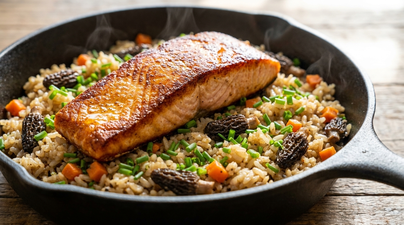 One-Pot Reiskocher-Gericht mit Lachs und Morcheln