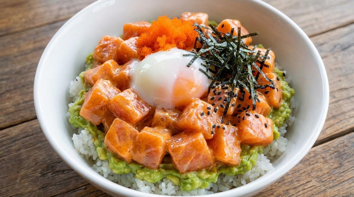 Pikante Lachs-Avocado-Bowl mit Onsen-Ei