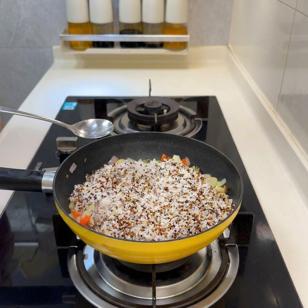 Ein Löffel wird über die Pfanne mit Reis und Gemüse gehalten, um Gewürze hinzuzufügen.