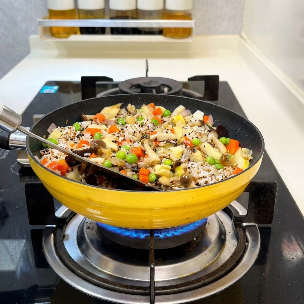 Ein Pfannenwender vermischt Reis, Quinoa und Gemüse in einer hellgelben Pfanne.