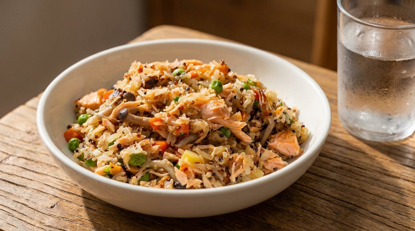Lachs-Quinoa-Pfanne mit wilden Pilzen und Frühlingsgemüse