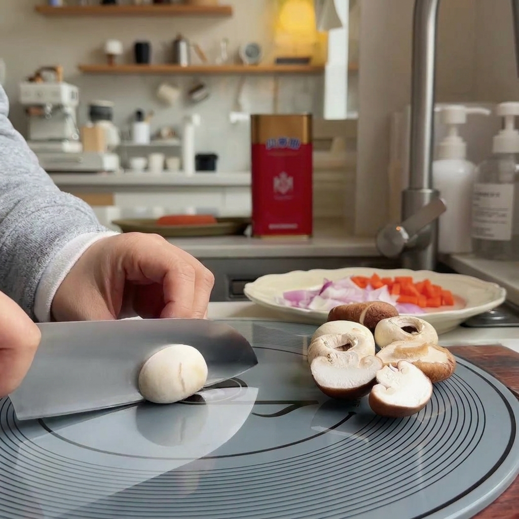 Eine Person schneidet weiße Champignons mit einem Kochmesser auf einem grauen Schneidebrett.