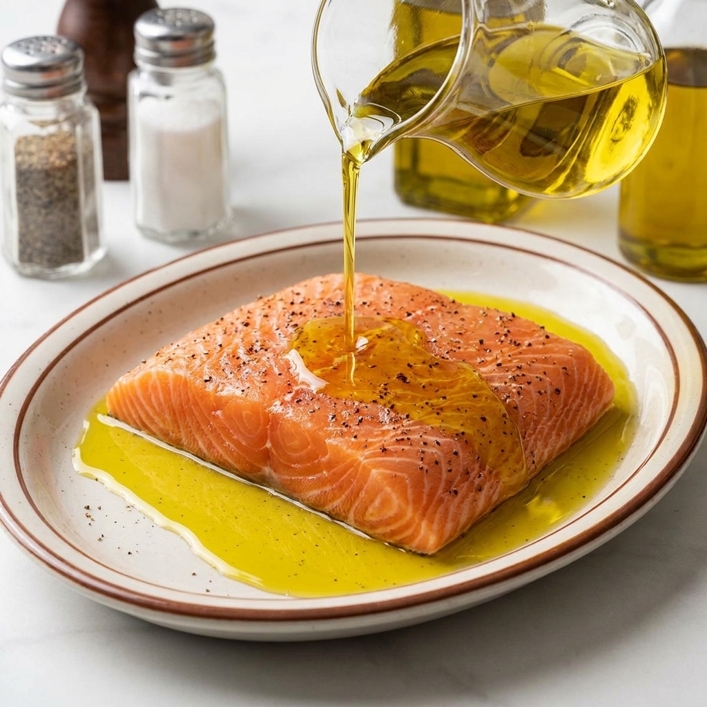 Goldenes Olivenöl wird aus einer Glaskaraffe über ein gewürztes rohes Lachsfilet gegossen.