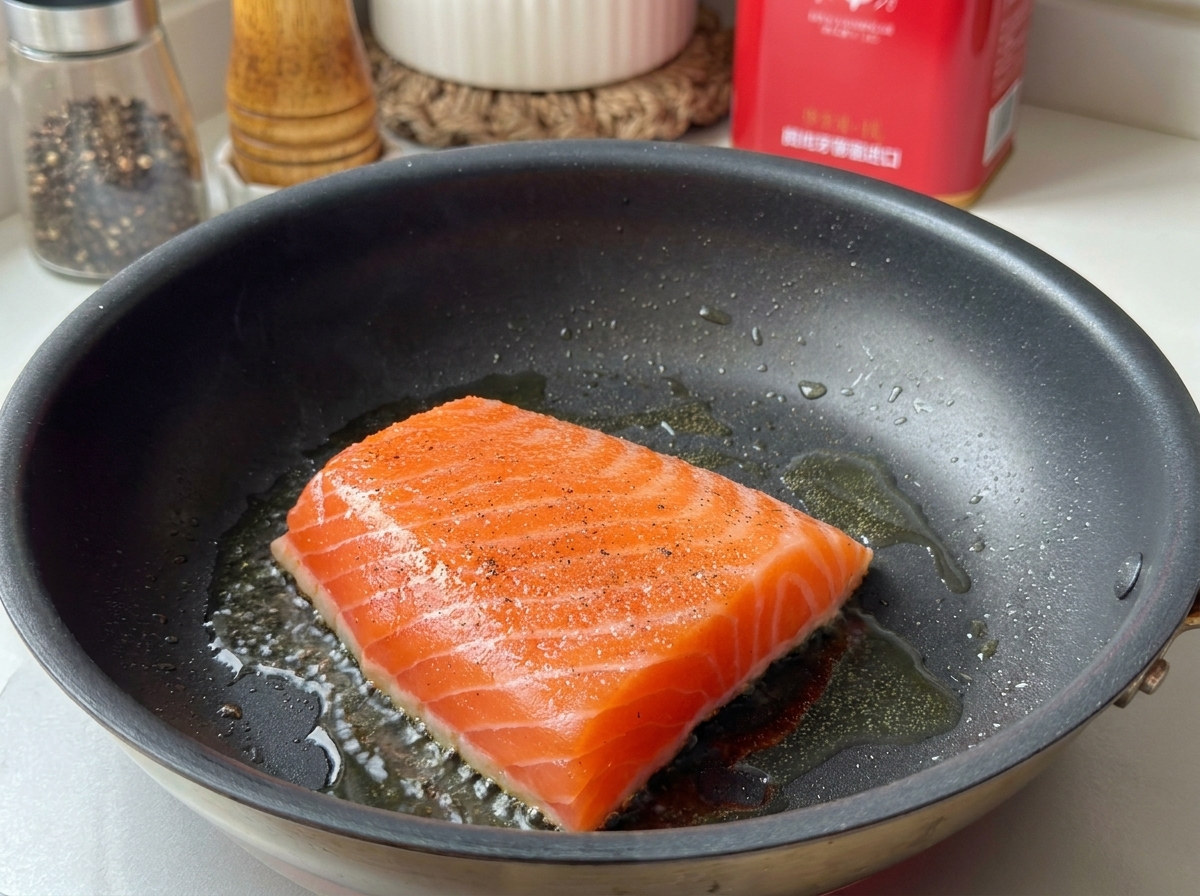 Ein mit Pfeffer gewürztes Lachsfilet brät in einer heißen Pfanne mit blubberndem Öl.