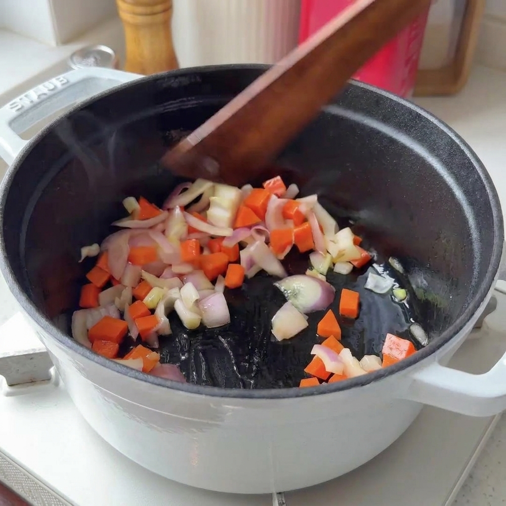 Karottenwürfel und rote Zwiebeln werden mit einem Holzspatel in einem weißen Schmortopf gerührt.