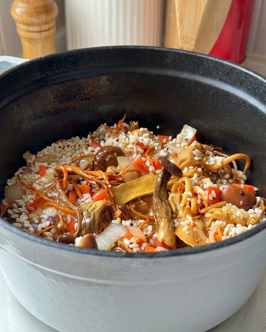 Wasser wird in einen Schmortopf gegossen, der mit Reis, Quinoa, Karotten und Pilzen gefüllt ist.