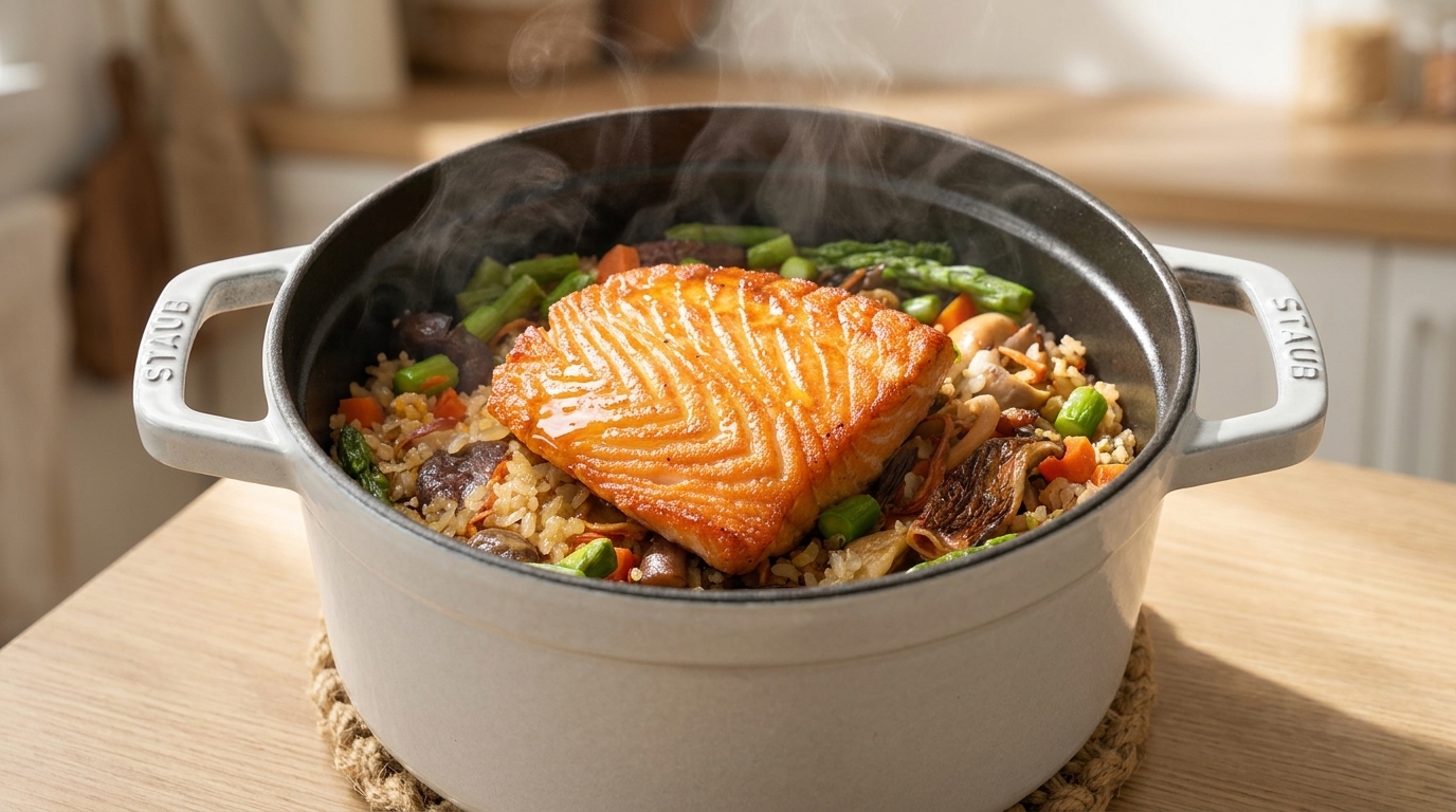 Lachs-Reis-Topf mit Quinoa, Pilzen und grünem Spargel