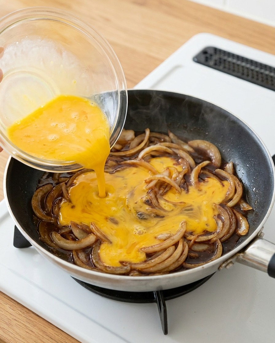 Verquirlte Eier werden über die Zwiebeln und die Sauce in die Pfanne gegossen.
