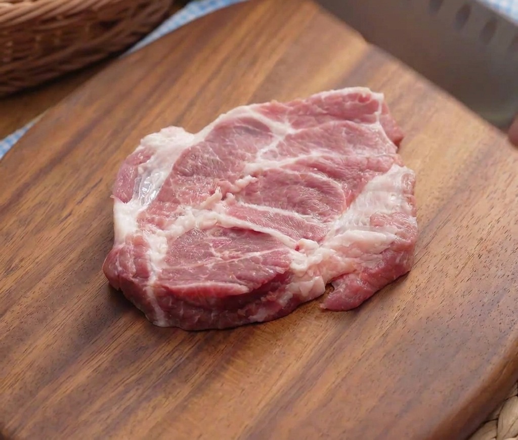 Ein rohes Stück Schweinefleisch, das mit dem Rücken eines Kochmessers auf einem Holzbrett geklopft wird.