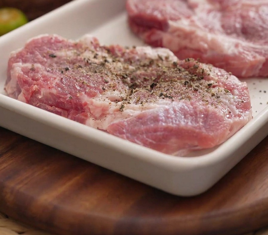 Frisch gemahlener schwarzer Pfeffer wird auf die vorbereiteten Schweinekoteletts in einer weißen Form gestreut.