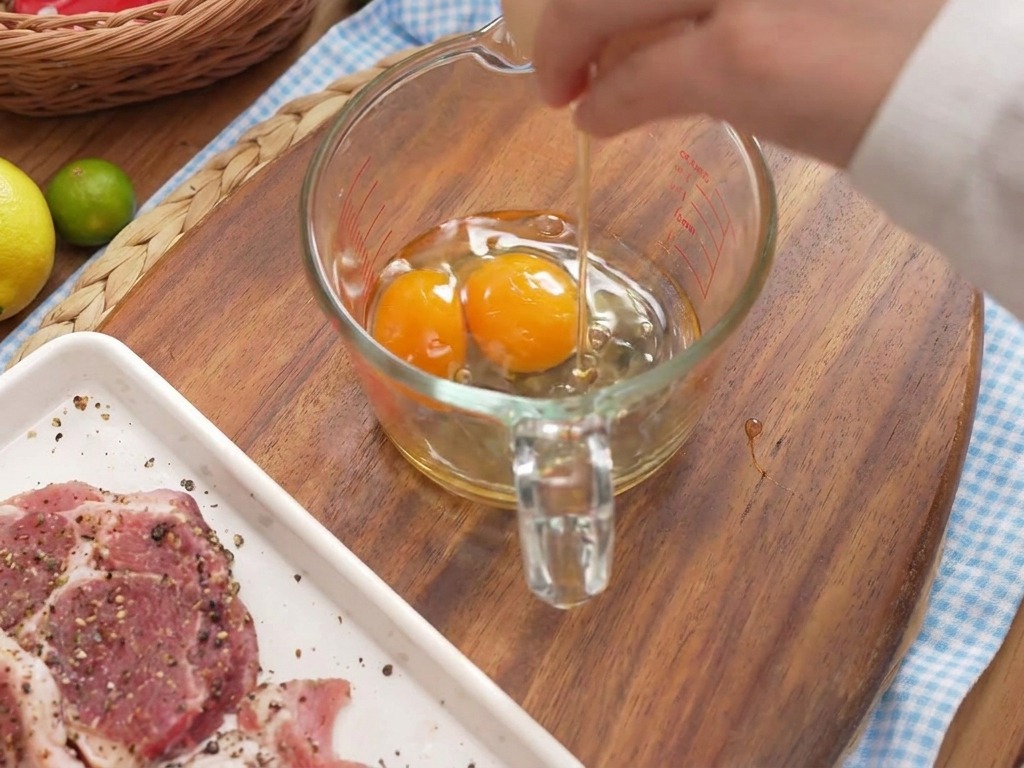 Zwei aufgeschlagene Eier in einem Messbecher aus Glas neben Küchenutensilien.