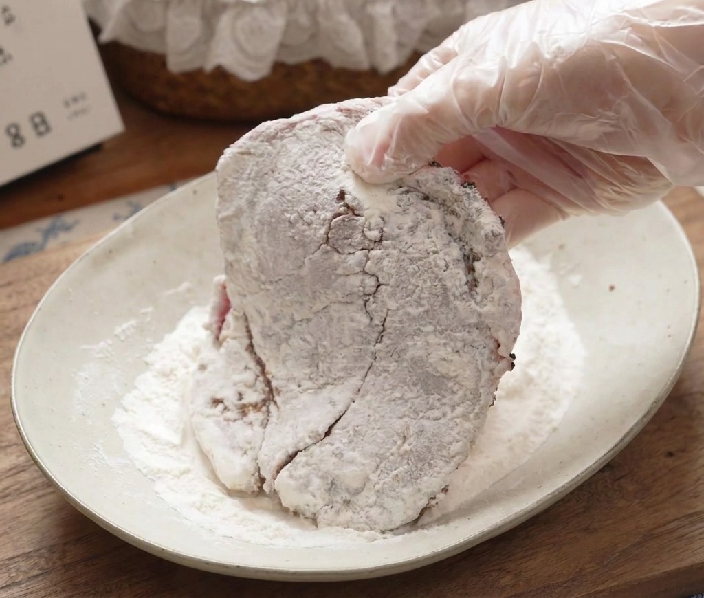 Eine Hand mehliert ein gewürztes Schweineschnitzel auf einem flachen Teller.