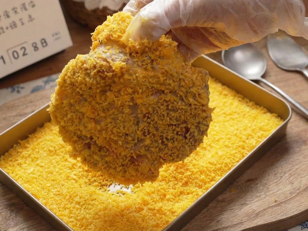 Ein Schnitzel wird fest in eine Schale mit goldgelbem Panko-Paniermehl gedrückt.