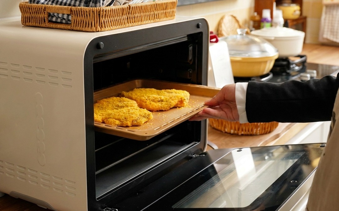Das panierte Fleisch wird auf einem Blech in einen vorgeheizten kleinen Backofen geschoben.