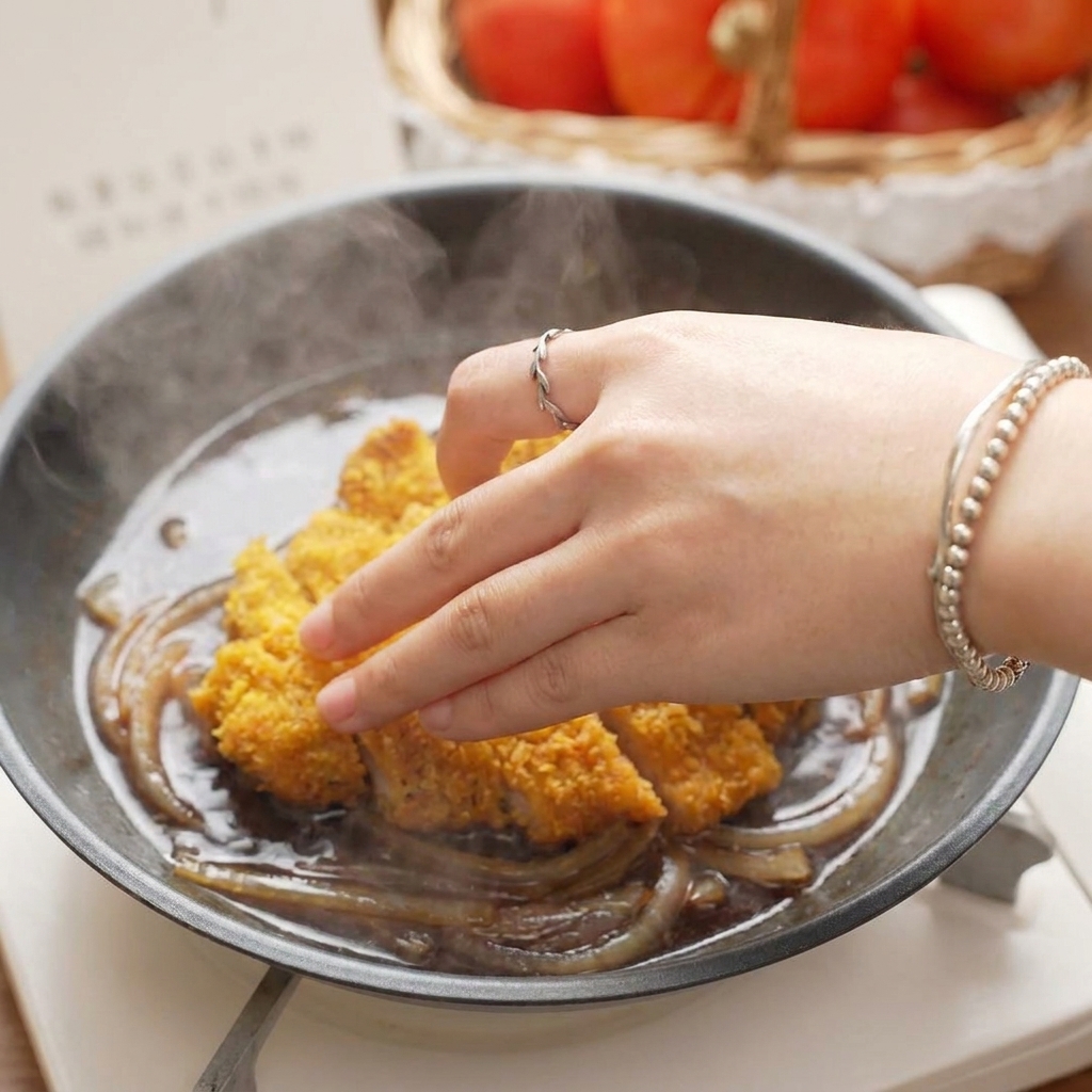 Das knusprige, in Streifen geschnittene Schweineschnitzel wird auf die schmorenden Zwiebeln gelegt.