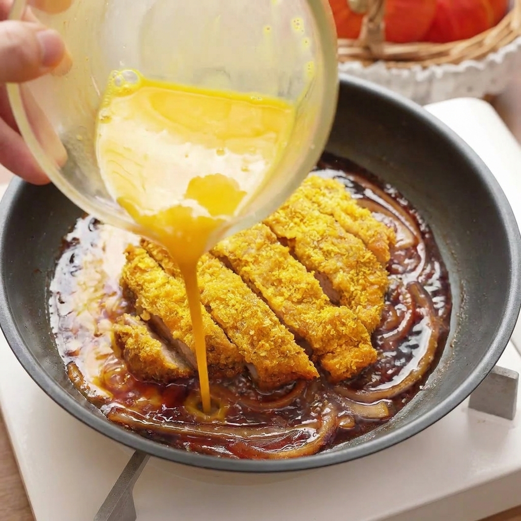 Verquirltes Ei wird kreisförmig um das Schnitzel in die Pfanne gegossen.