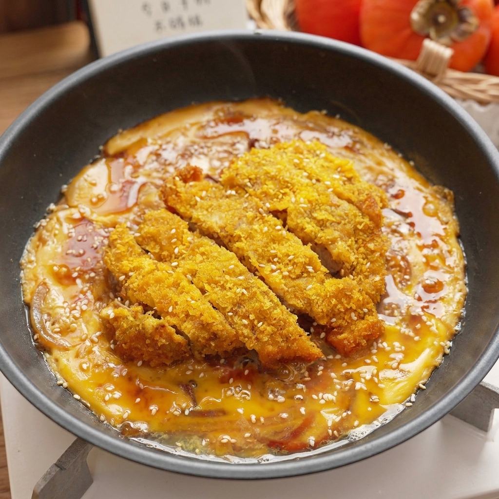 Das fertige Katsudon in der Pfanne, bestreut mit Sesam und Frühlingszwiebeln.