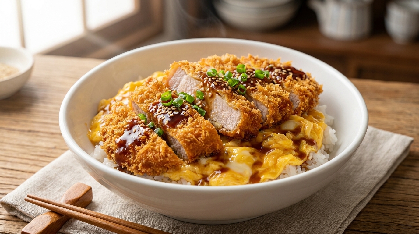Japanisches Katsudon aus dem Ofen mit seidigem Ei