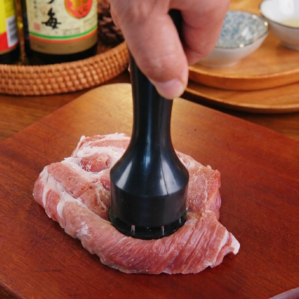 Eine Hand benutzt einen Fleischklopfer, um ein Stück marmoriertes Schweinefleisch auf einem Holzbrett zu bearbeiten.