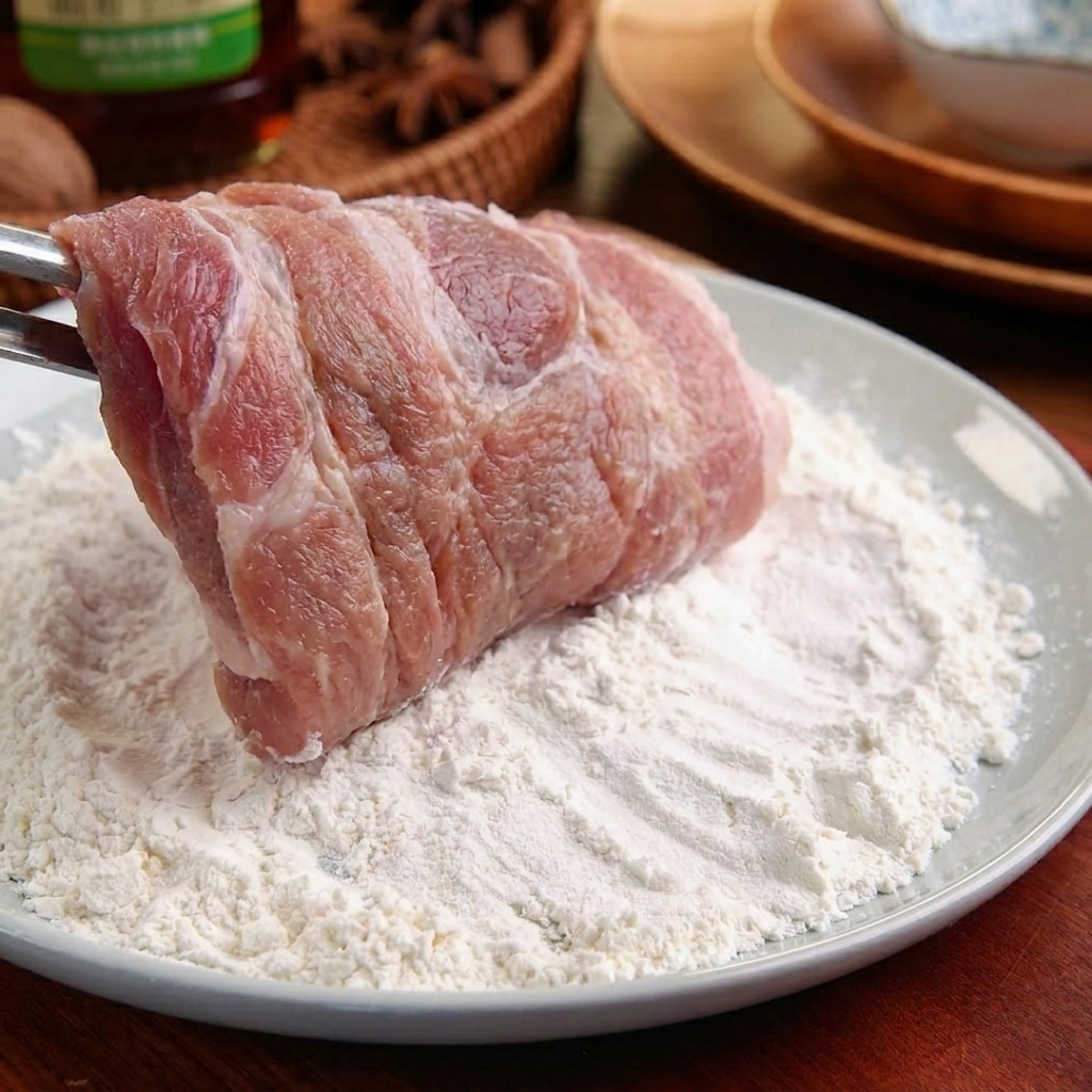 Ein Schweineschnitzel wird mit einer Zange in weißem Mehl auf einem Teller gewendet.