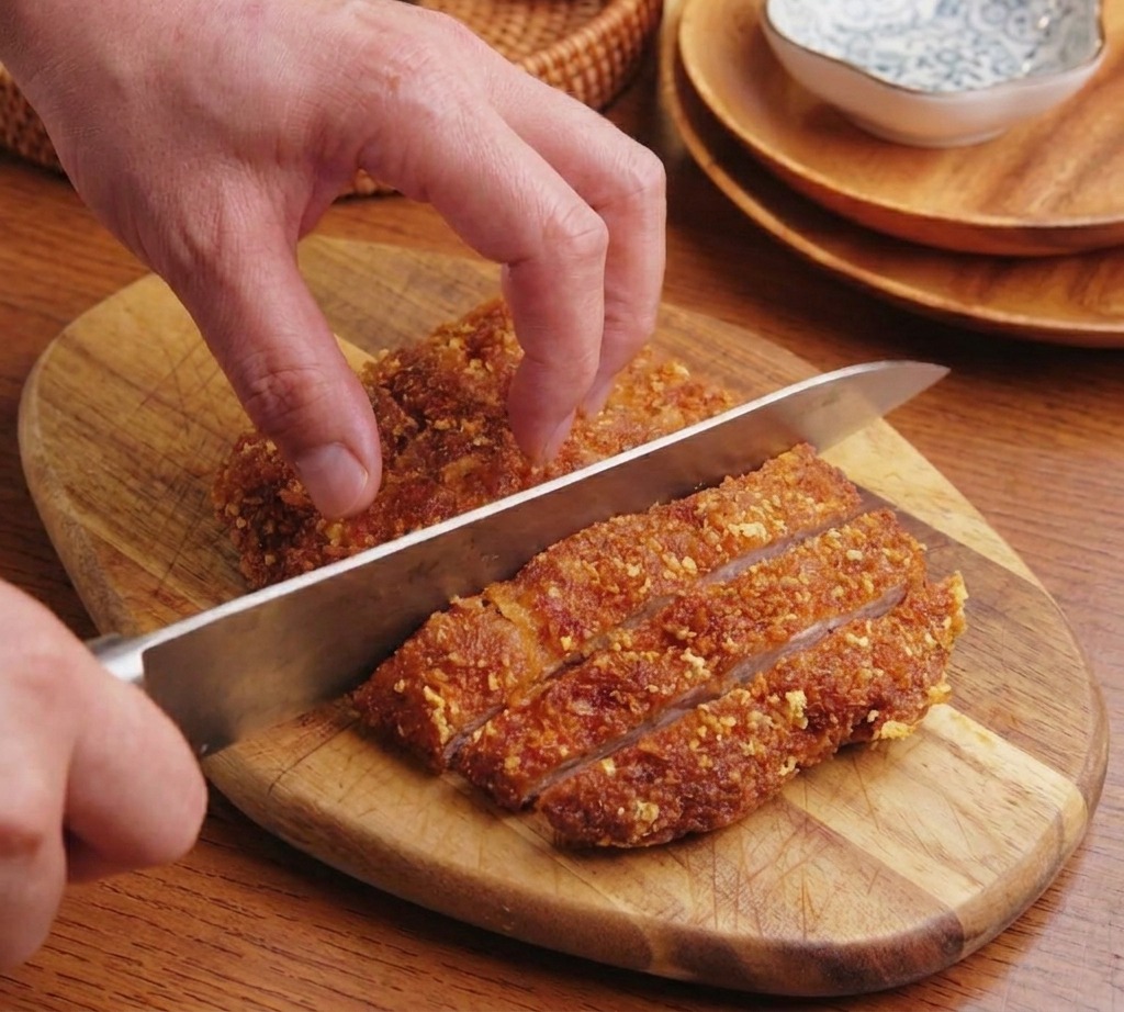 Ein goldbraun frittiertes Schnitzel wird auf einem Holzbrett in Streifen geschnitten.