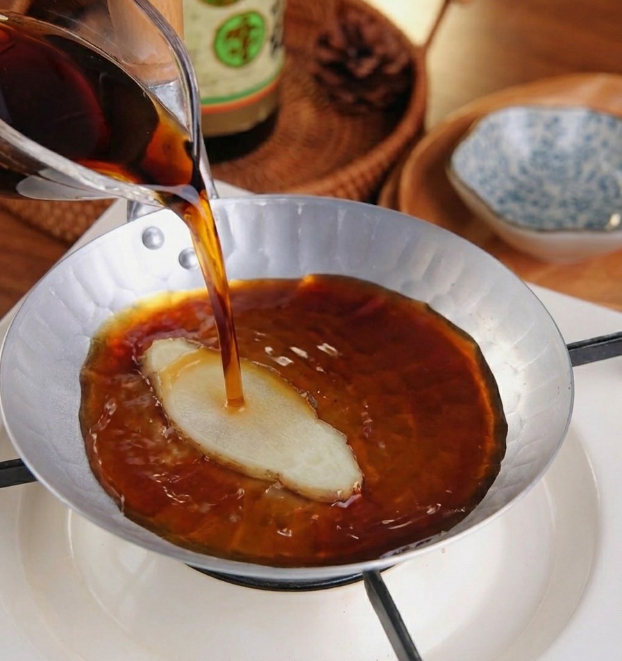 Eine dunkle Sauce wird in eine kleine Pfanne mit einer Scheibe Ingwer gegossen.