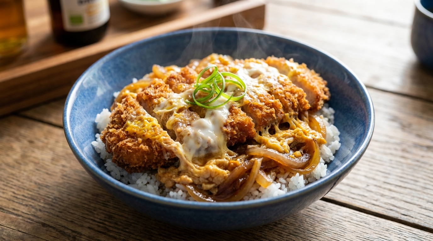 Authentisches japanisches Katsudon (Knuspriges Schweineschnitzel auf Reis)