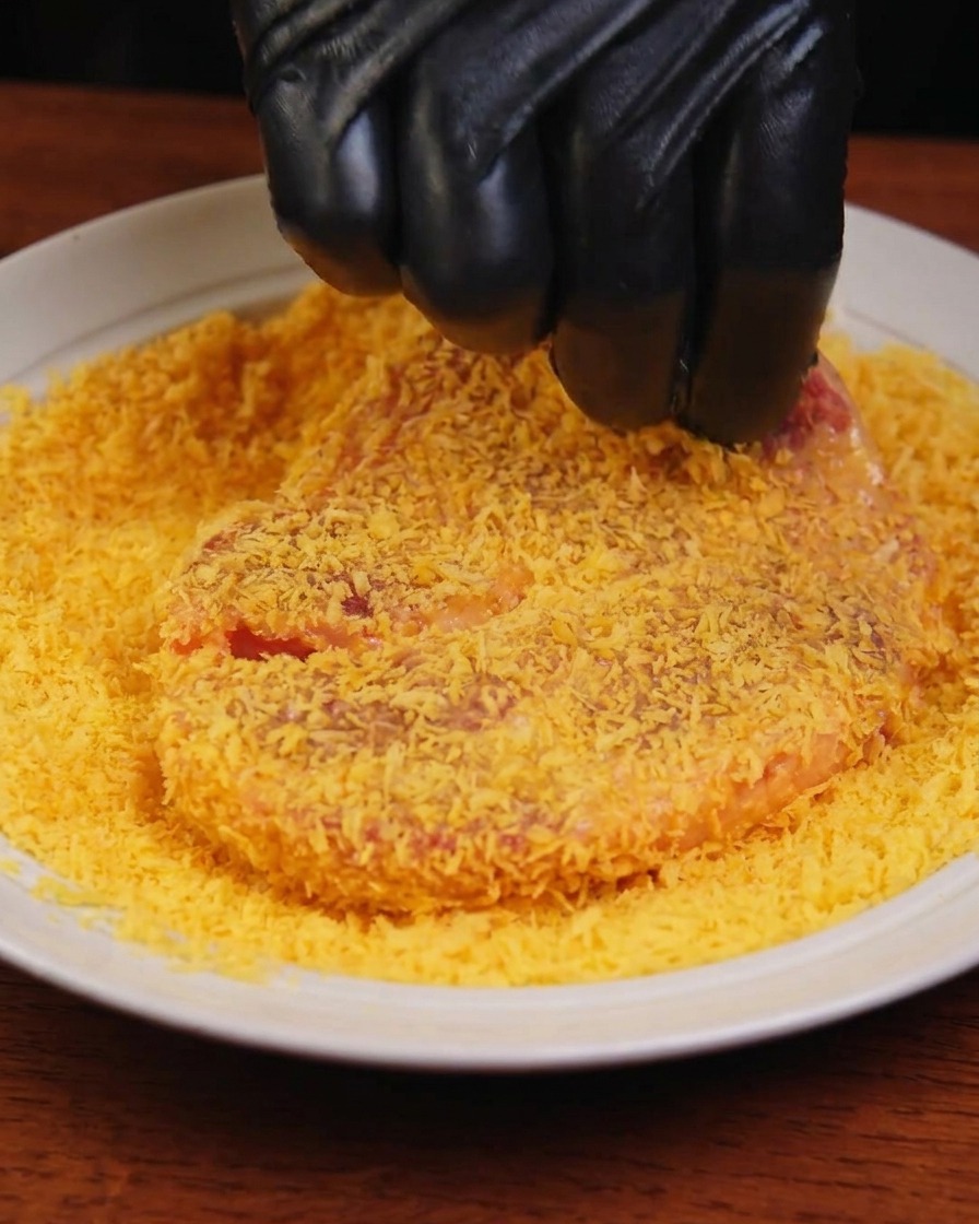 Ein Stück Fleisch wird fest in ein Bett aus gelblichen Panko-Brotkrümeln auf einem weißen Teller gedrückt.