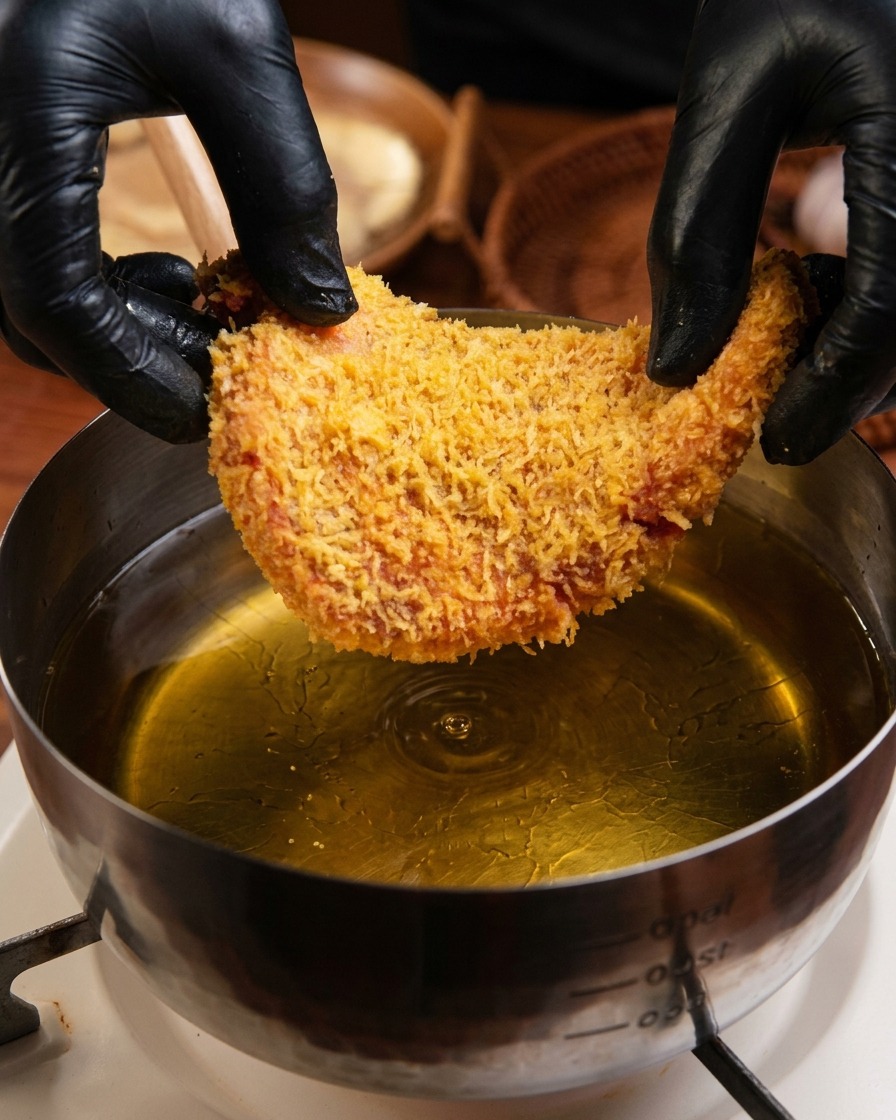 Ein paniertes Schnitzel wird vorsichtig in einen Topf mit heißem, schimmerndem Öl gleiten gelassen.