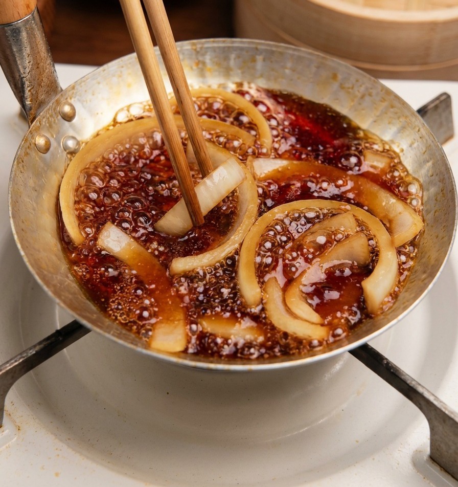 Zwiebelringe werden mit Stäbchen in die köchelnde dunkle Sauce in der Pfanne gegeben.