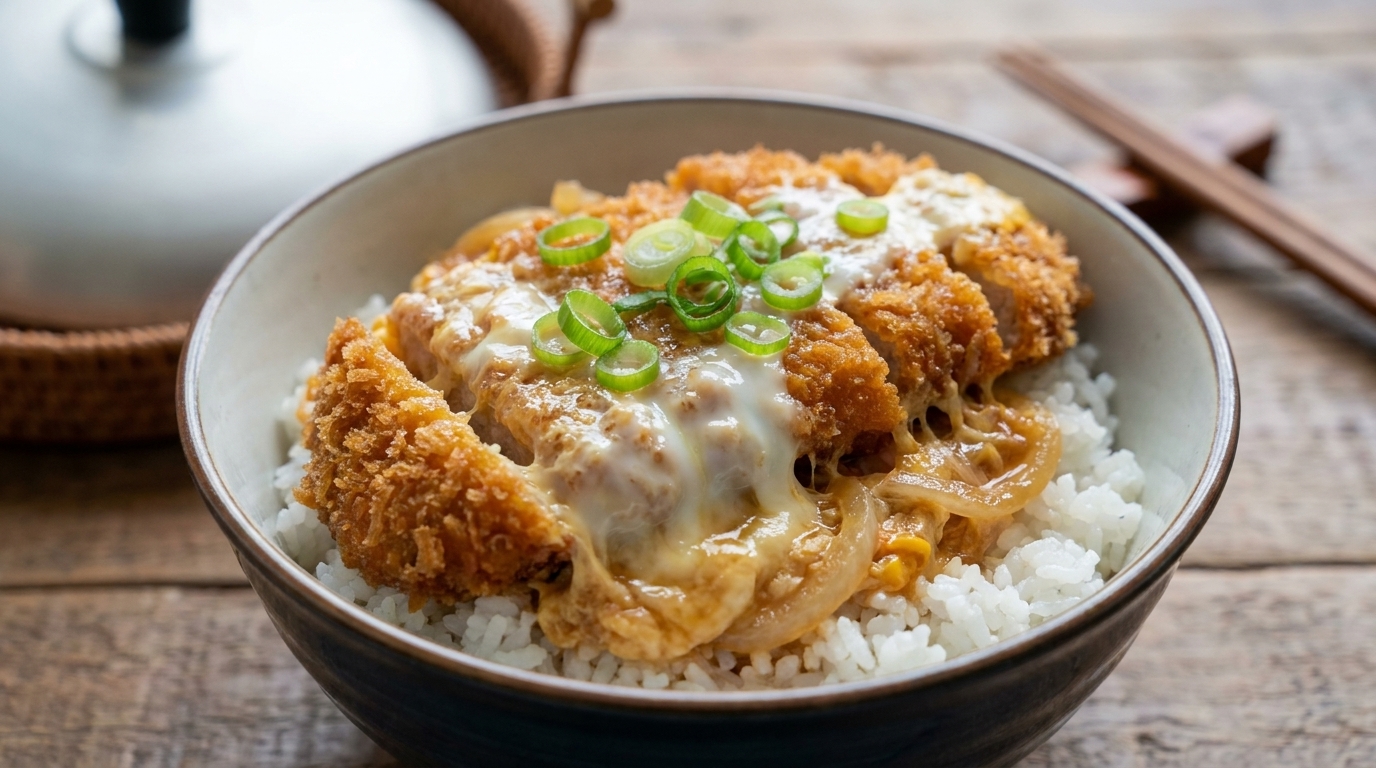 Authentisches japanisches Katsudon (Saftiges Schweineschnitzel auf Reis)
