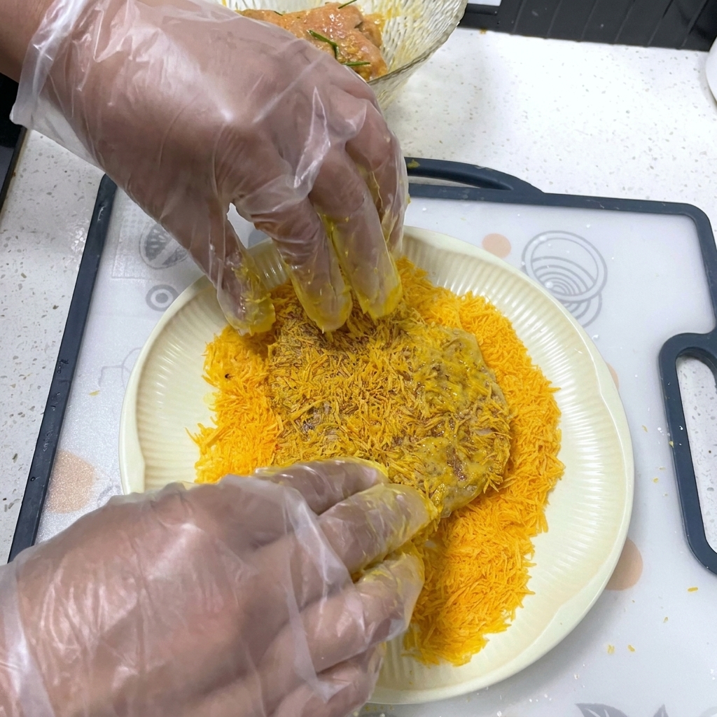 Hände drücken ein Stück Schweinefleisch fest in eine dicke Schicht aus hellen Panko-Brotkrümeln auf einem weißen Teller.