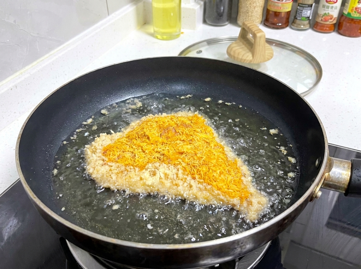 Paniertes Fleisch brät in einer Pfanne mit heißem Öl, während sich feine Bläschen um die Panade bilden.