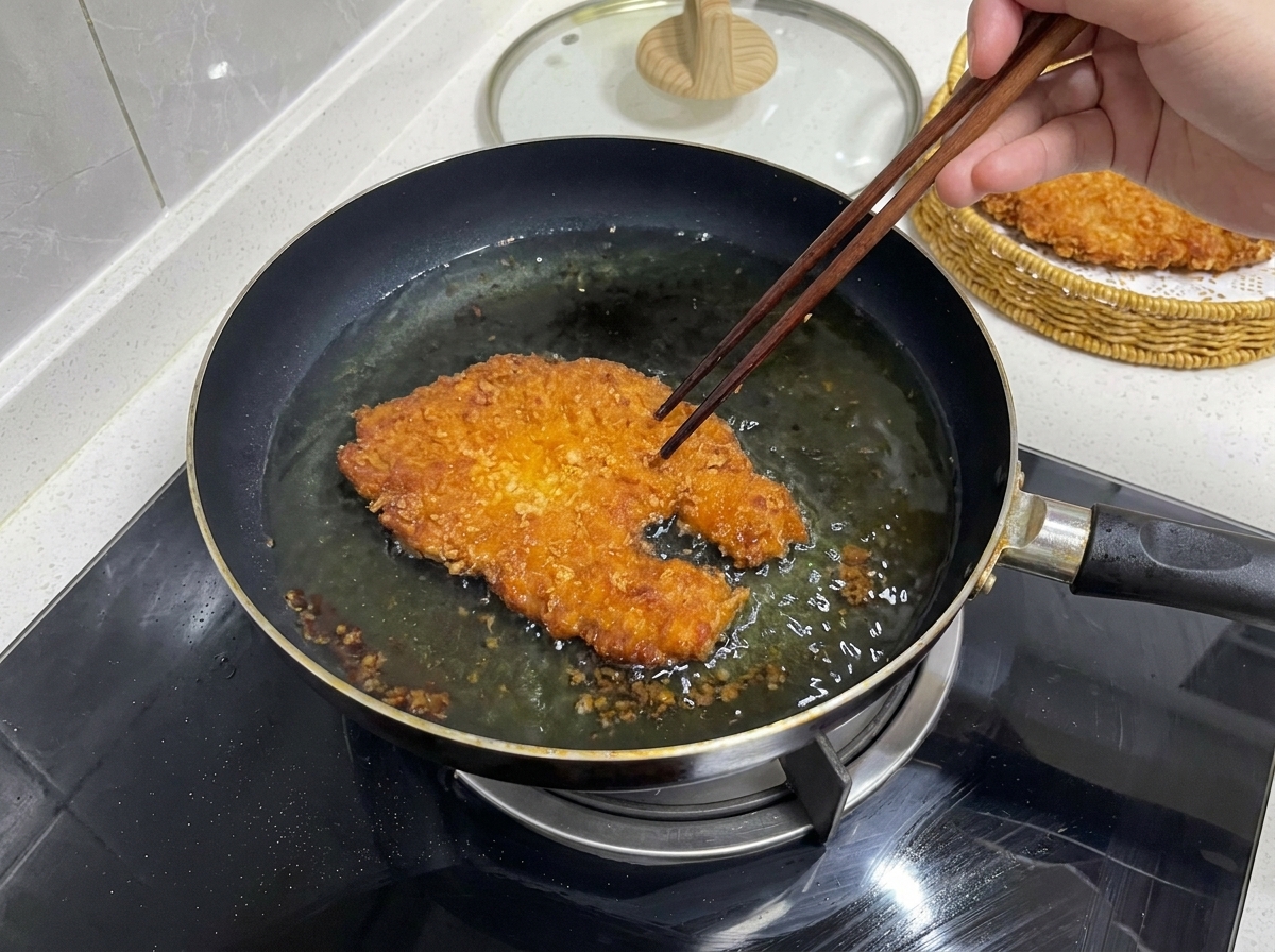 Essstäbchen halten ein tiefgoldbraun frittiertes Schweinekotelett über einer Pfanne mit sprudelndem Öl.