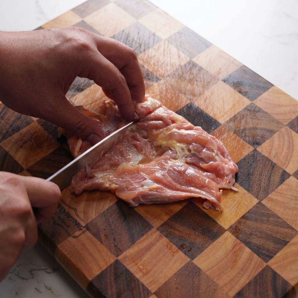 Nahaufnahme eines Kochmessers, das diagonale Schnitte in das Fleisch eines rohen Hähnchenschenkels macht.