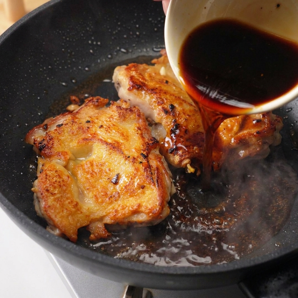Dunkle Sauce wird aus einer Schale über die gebratenen Hähnchenschenkel in der Pfanne gegossen.