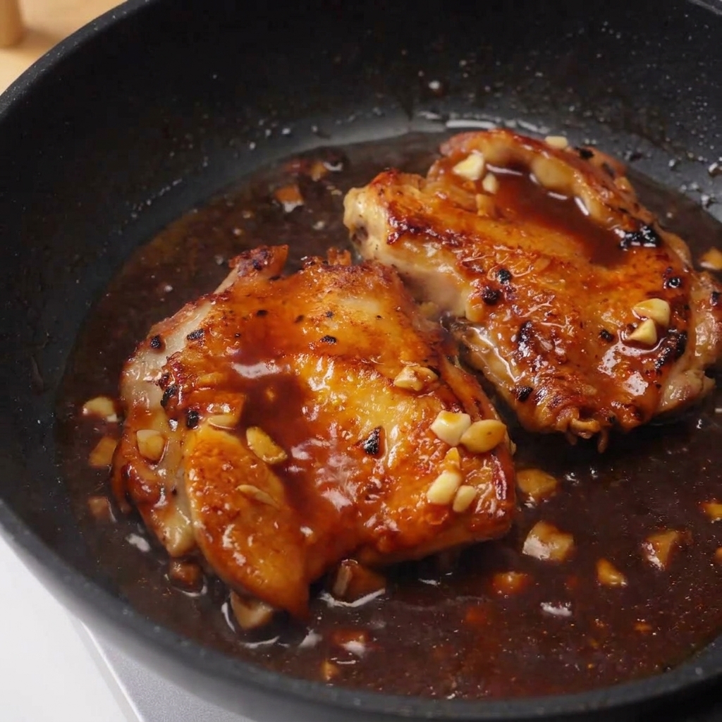 Ein Löffel übergießt die Hähnchenschenkel in der Pfanne mit der dickflüssigen, glänzenden Sauce.