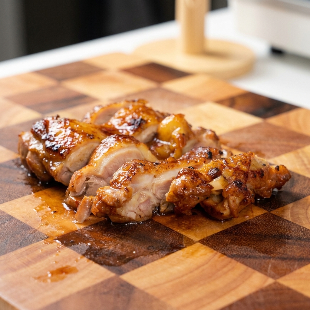 Ein fertig glasiertes Teriyaki-Hähnchen wird auf einem Holzbrett in Streifen geschnitten.