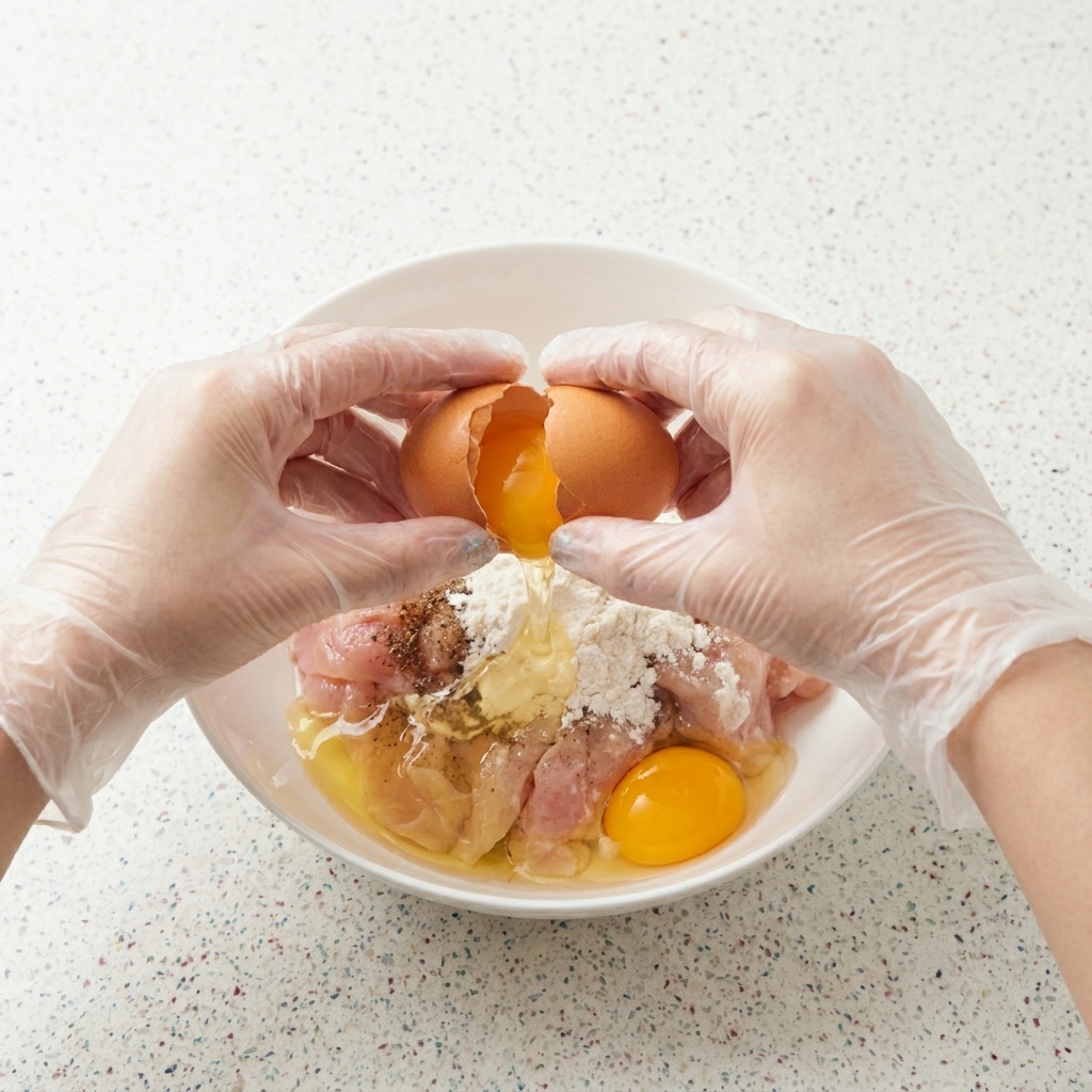 Zwei behandschuhte Hände schlagen ein Ei in eine Schüssel mit rohen Hähnchenfilets, Maisstärke und Pfeffer.