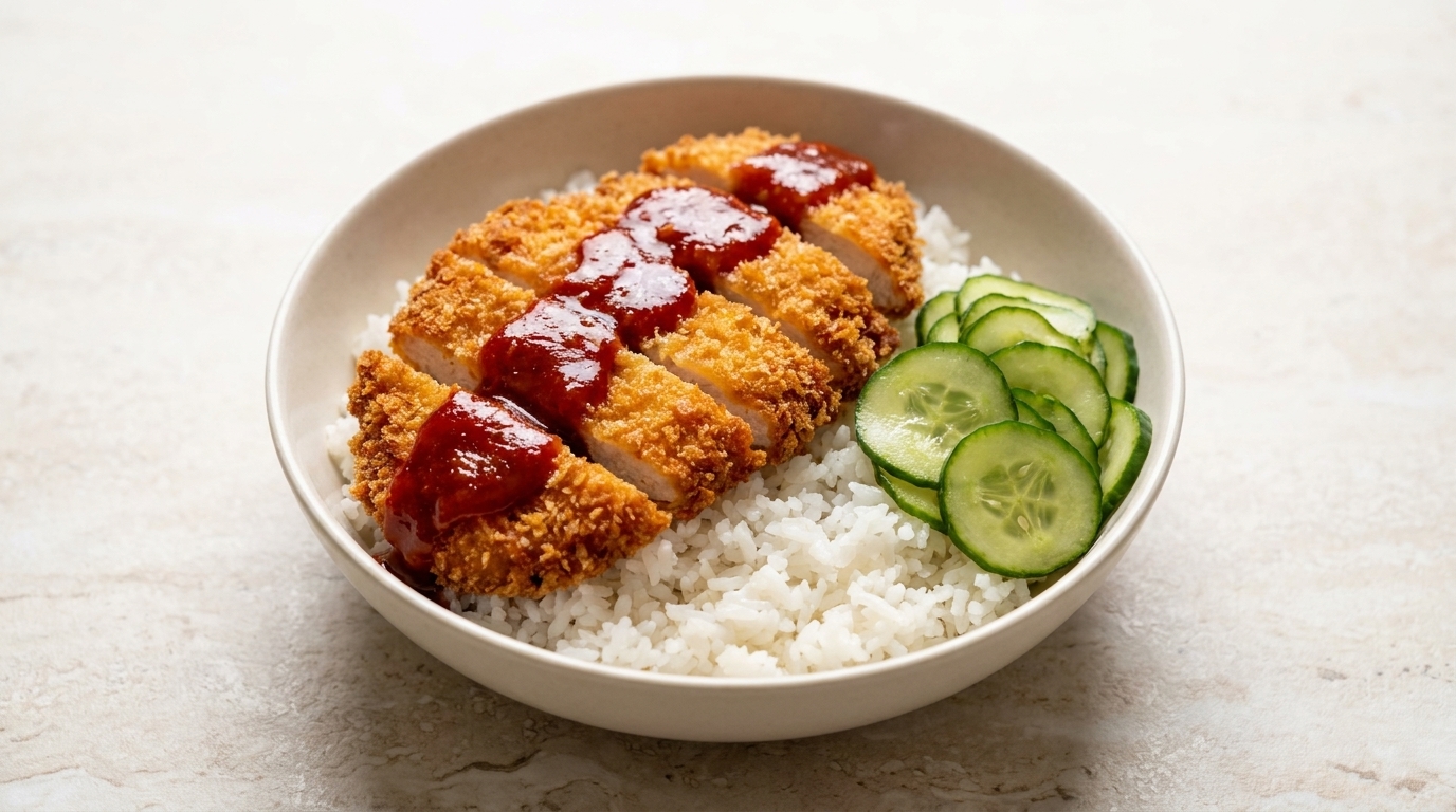 Goldene Chicken Katsu Bowl mit scharfer roter Sauce